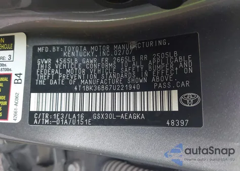 2007 Toyota Avalon Xl/Xls/Touring/Limited из США, поврежденный, VIN 4T1BK36B67U221940